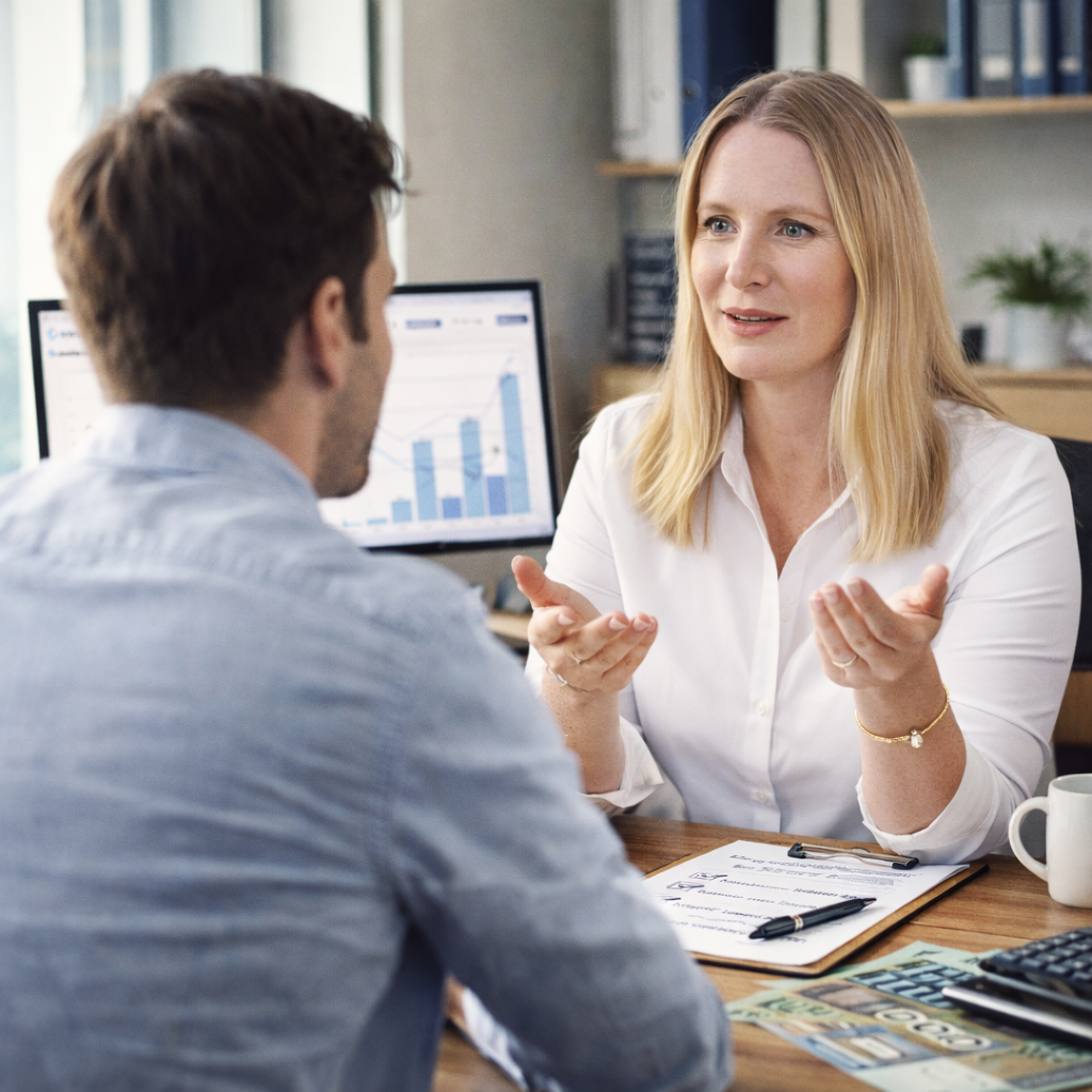 Consultation: A smiling professional woman during a financial meeting